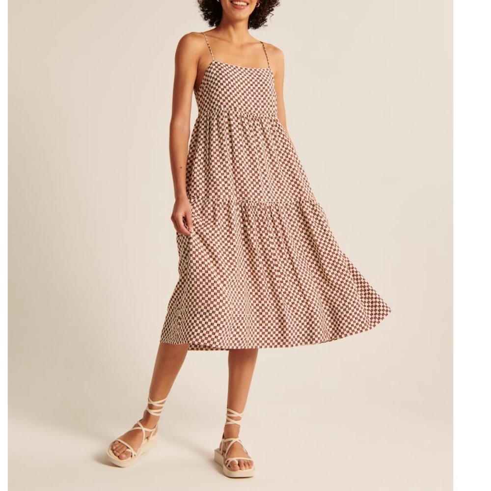 Abercrombie Tiered Trapeze Midi Dress, Checkered Brown, Small Tall